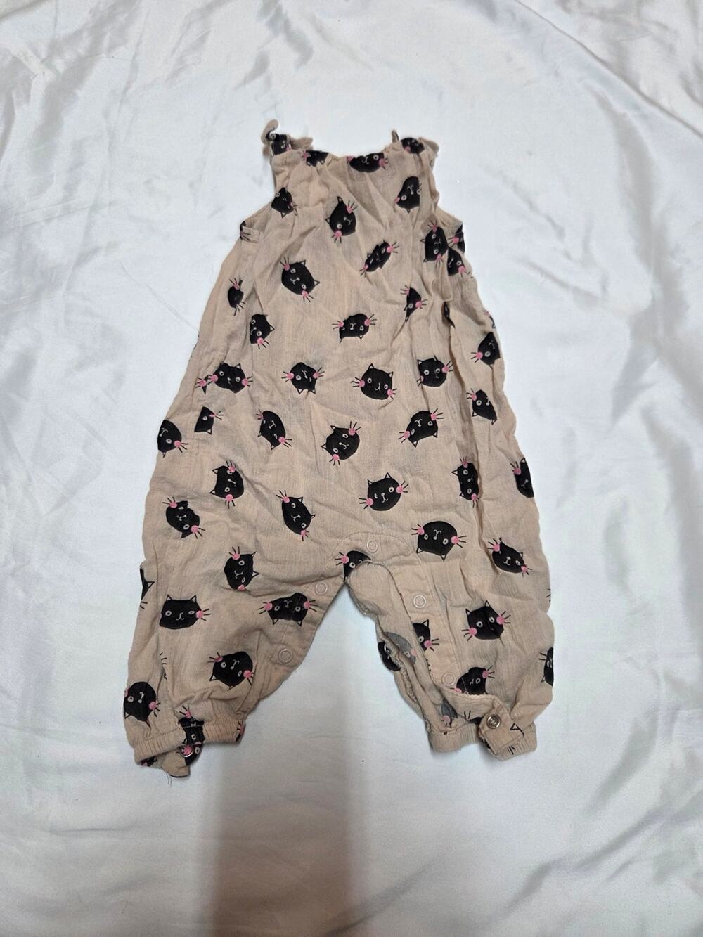 H&M Beige Romper with Black Cat Motif and Pink Accents